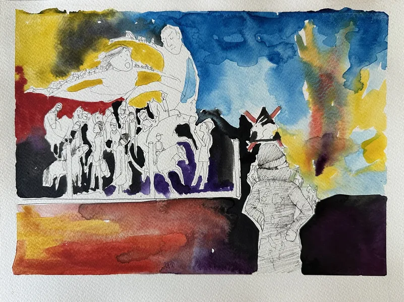 stáj 09 akvarel ,tuš 32x24 cm
