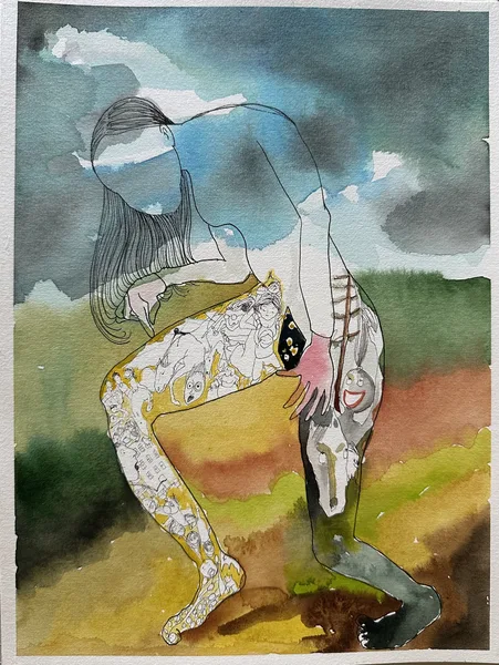 stáj 10 akvarel, tuš 32x24 cm